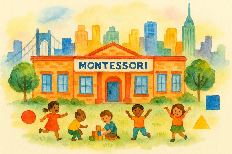 Illustration of children at a Montessori school in New York City